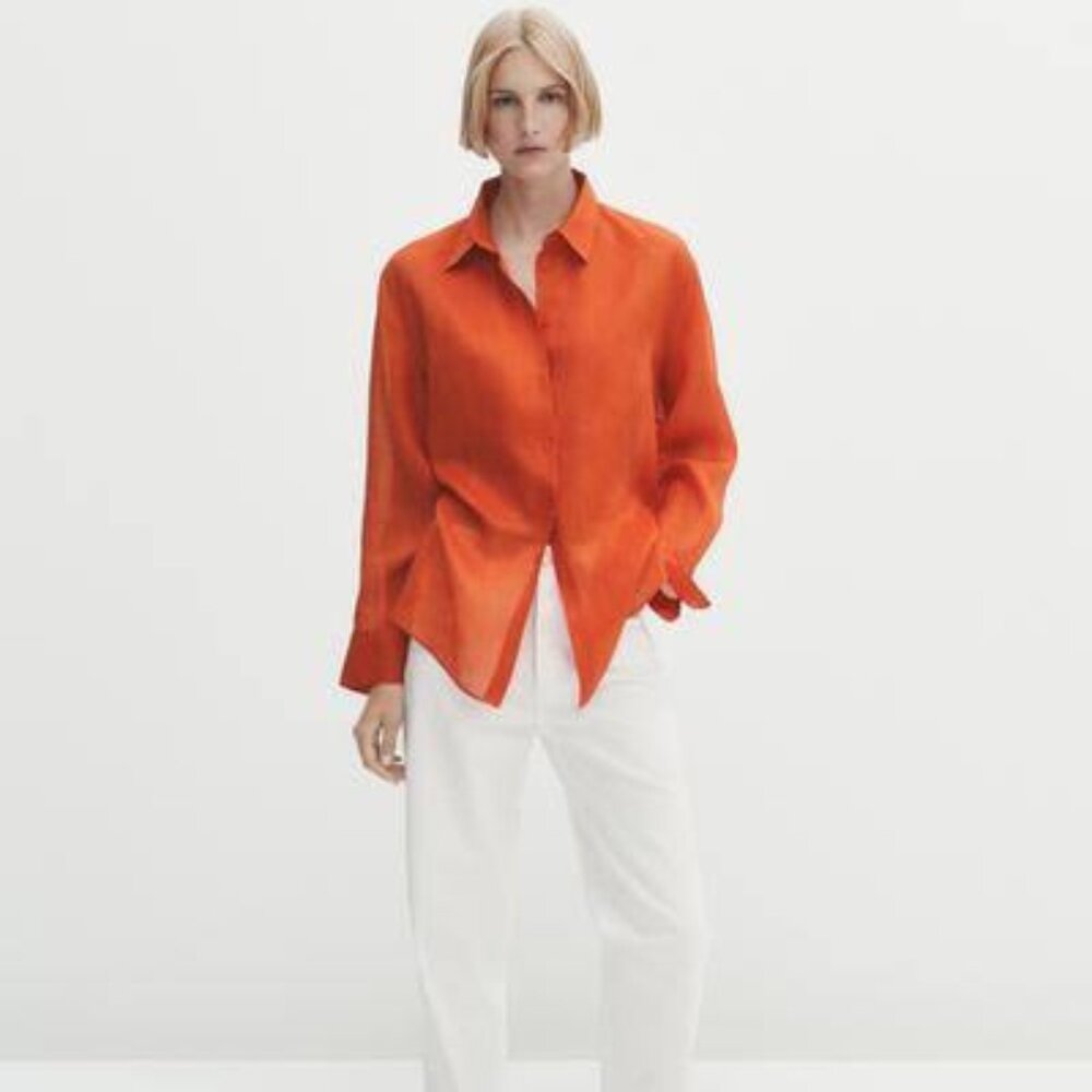 NWT Massimo Dutti 100% Ramie Orange Button Down Shirt Size S